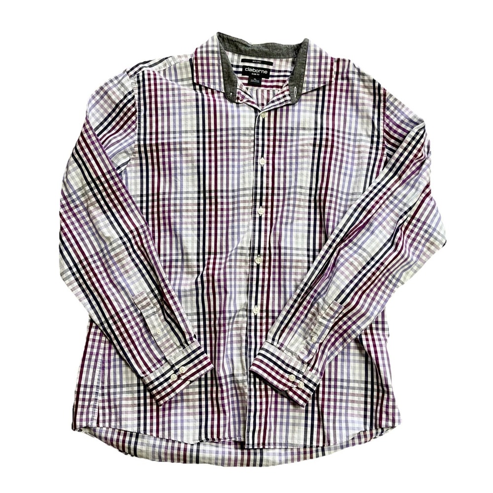 Claiborne XL Shirt Long Sleeve Slim Fit Button Up Purple White Plaid 100% Cotton